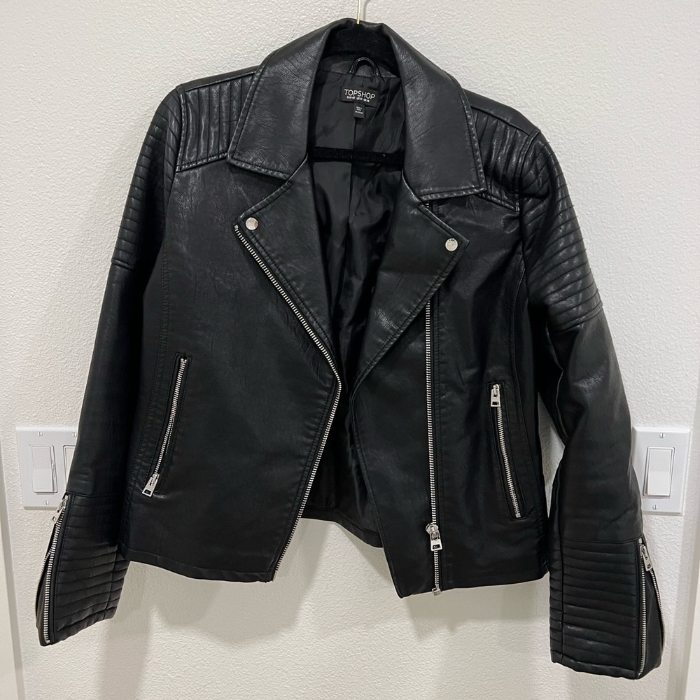 TOPSHOP Nelly Quilted Vegan Leather Moto Biker Jacket Size 10